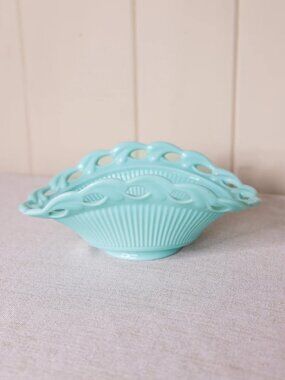 Vintage Fostoria Betsy Ross Aqua Pastel Milk Oval Lattice Edge Bowl Spring Decor